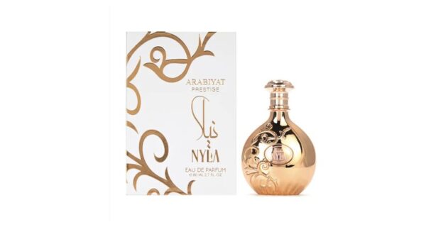 Nyla by Arabiyat Prestige 80ml eau de parfum — gold bottle next to its white and gold box