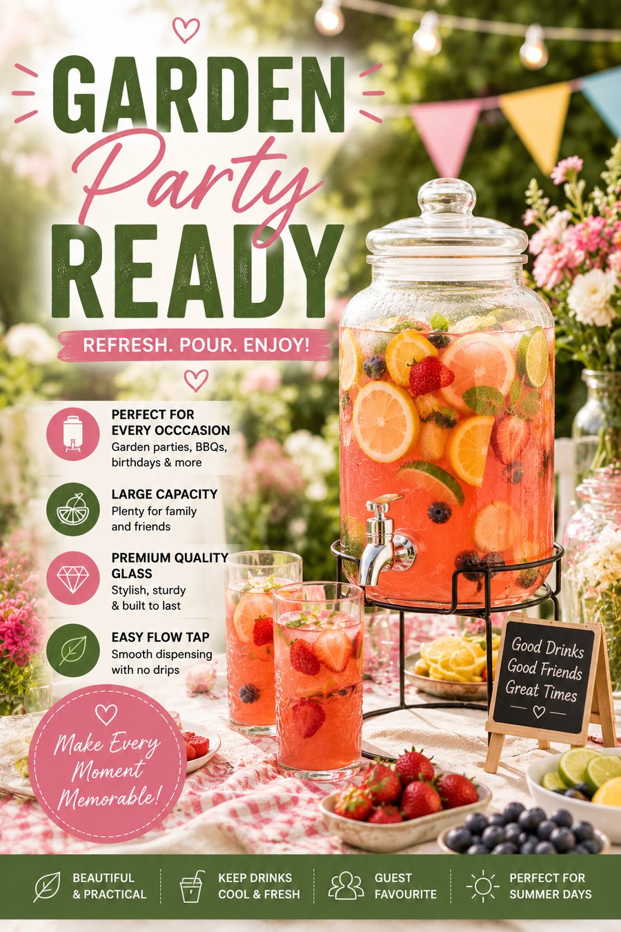 Glass drinks dispenser filled with colourful fruity summer punch on a beautifully decorated garden party table with fresh fruit and flowers.