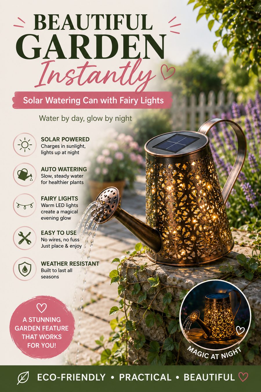 Decorative solar watering can with cascading fairy lights glowing in a beautiful English garden at dusk.