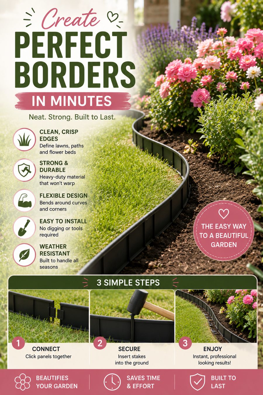 Black flexible garden edging creating neat borders around colourful flower beds in a landscaped English garden.