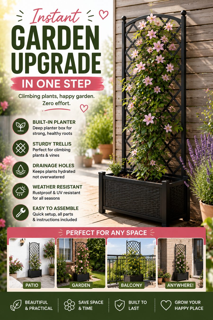 Black planter box with integrated trellis supporting flowering climbing plants beside a modern garden fence.