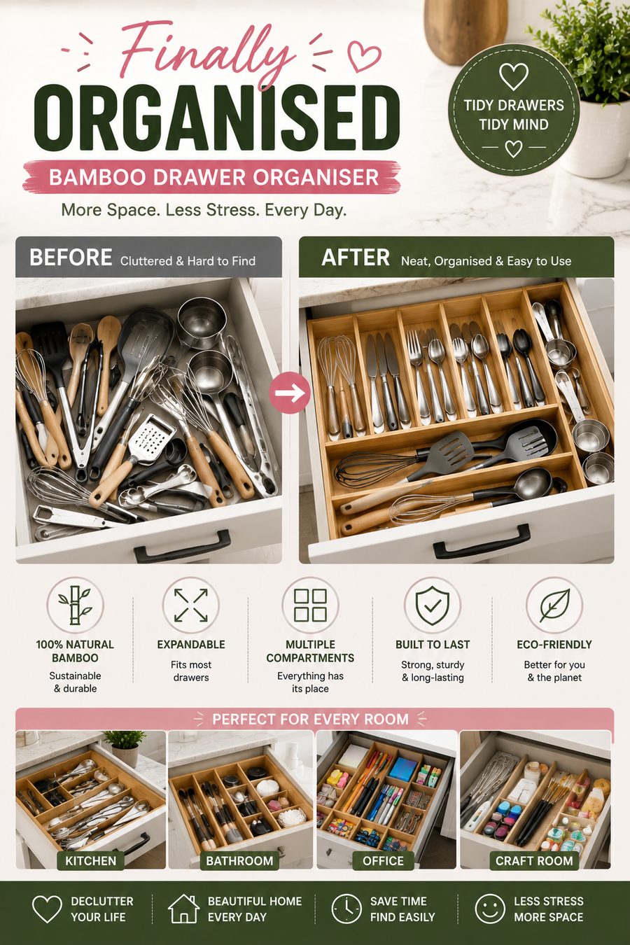 Expandable bamboo drawer organiser neatly storing cutlery and kitchen utensils inside a tidy drawer.