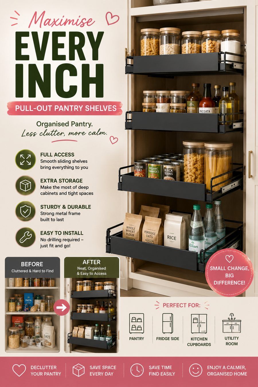 Modern kitchen pantry fitted with pull-out sliding shelves neatly storing jars, tins and dry food.