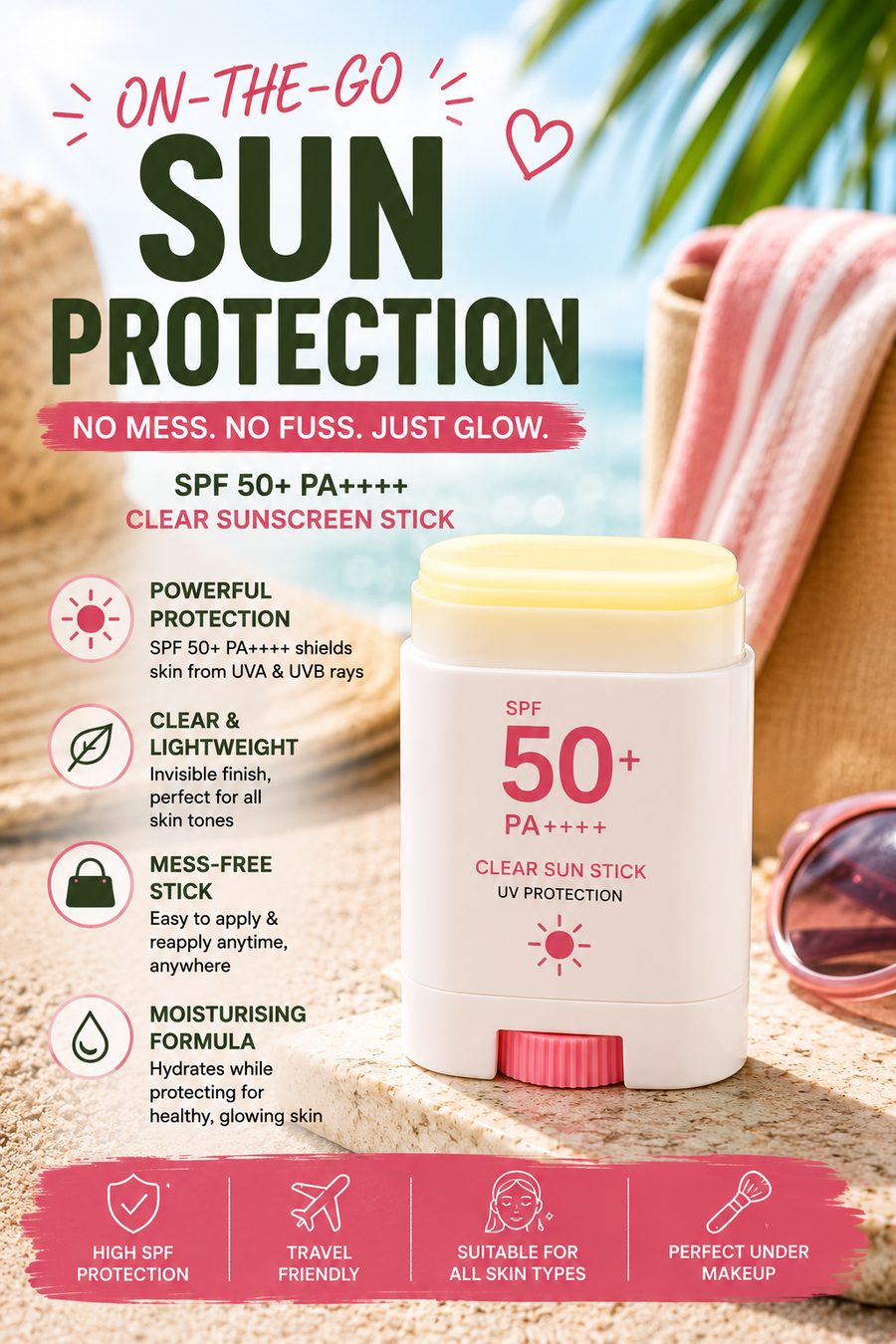 SPF 50 clear sunscreen stick displayed on a sunny beach with sunglasses and summer accessories.
