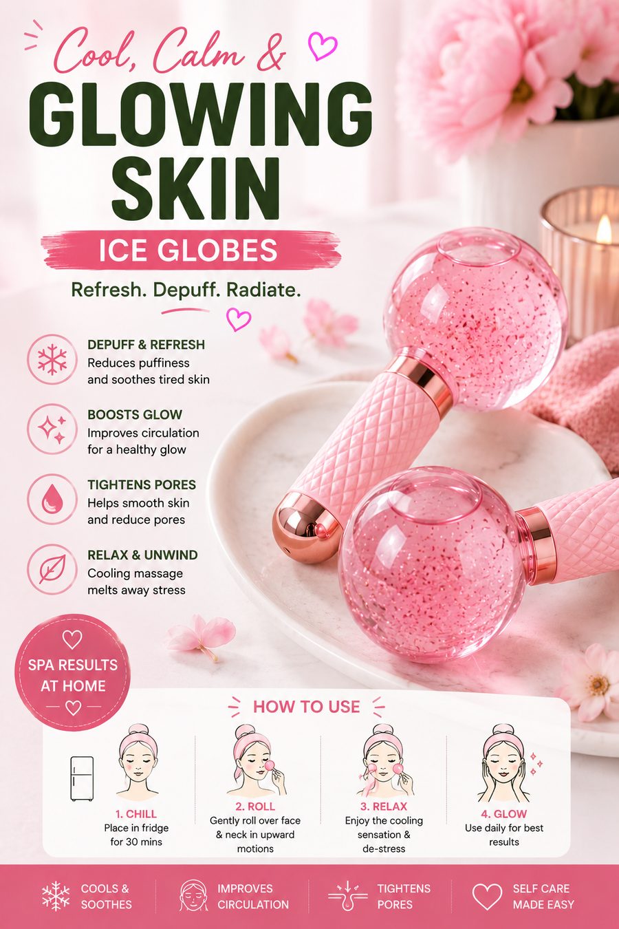Pink facial ice globes on a marble tray surrounded by soft pastel spa styling and flowers.