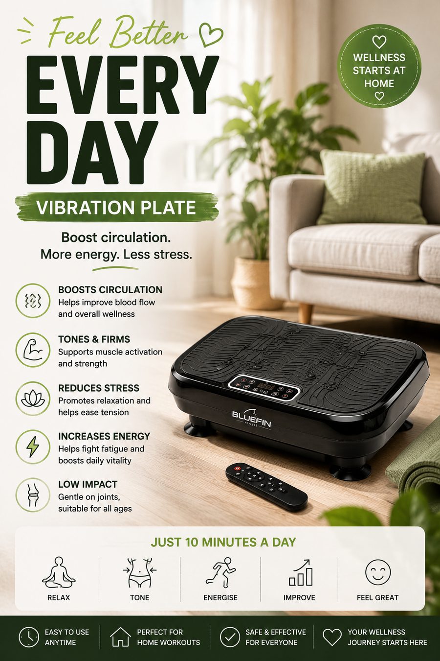 Modern vibration plate exercise machine in a bright living room beside a yoga mat and indoor plants.