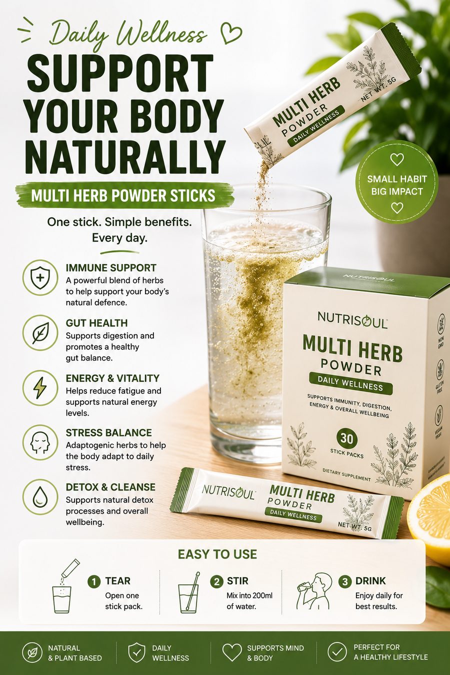 Plant-based multi herb powder stick pouring into a glass of water beside a wellness supplement box.