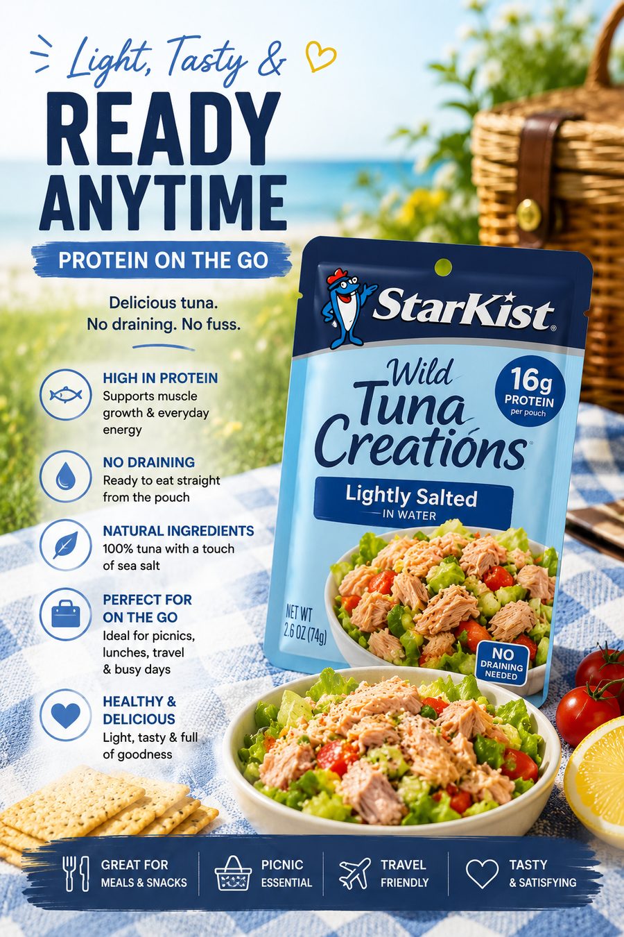 High-protein tuna pouch served with a fresh salad on a picnic blanket beside a wicker basket on a sunny summer day.