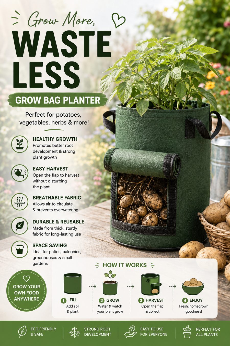 Fabric grow bag planter filled with healthy potato plants and visible potatoes ready for harvesting in a sunny garden.