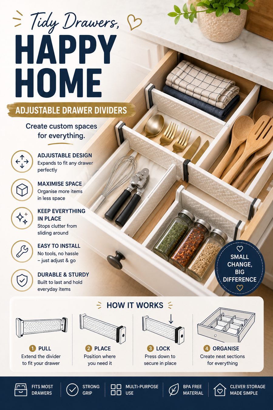 Adjustable drawer dividers neatly organising kitchen utensils, spices and household items inside a wooden drawer.
