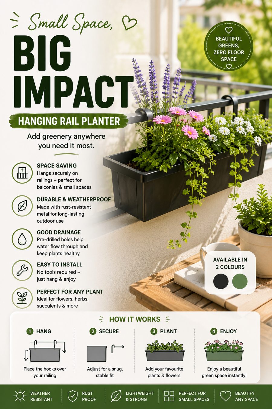 Black hanging rail planter overflowing with colourful flowers attached to a sunny balcony railing.