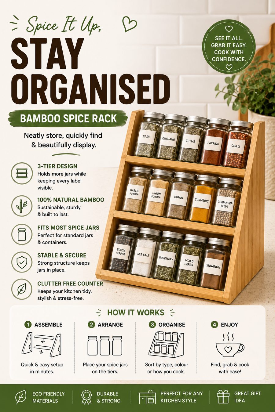 Three-tier bamboo spice rack displaying neatly labelled spice jars on a modern kitchen worktop.