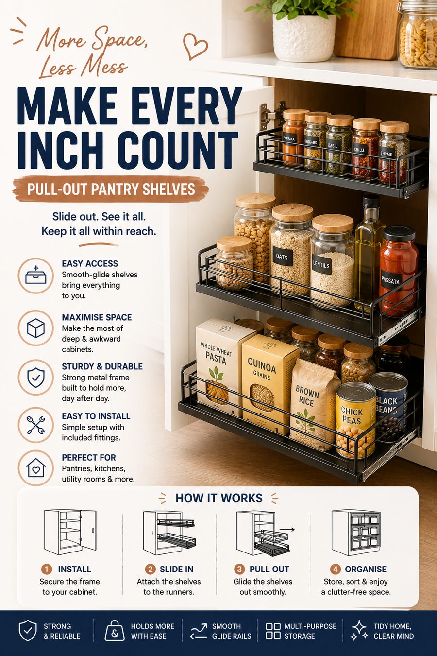 Sliding pull-out cabinet organiser storing jars, tins and pantry essentials inside a modern kitchen cupboard.