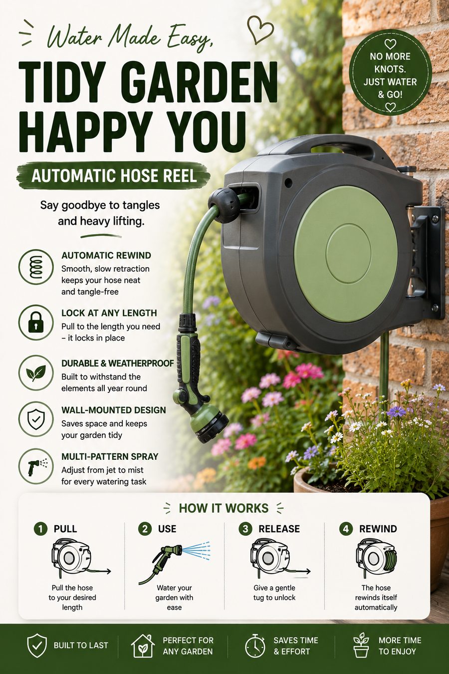 Wall-mounted automatic hose reel with retractable garden hose beside colourful flowers in a landscaped garden.