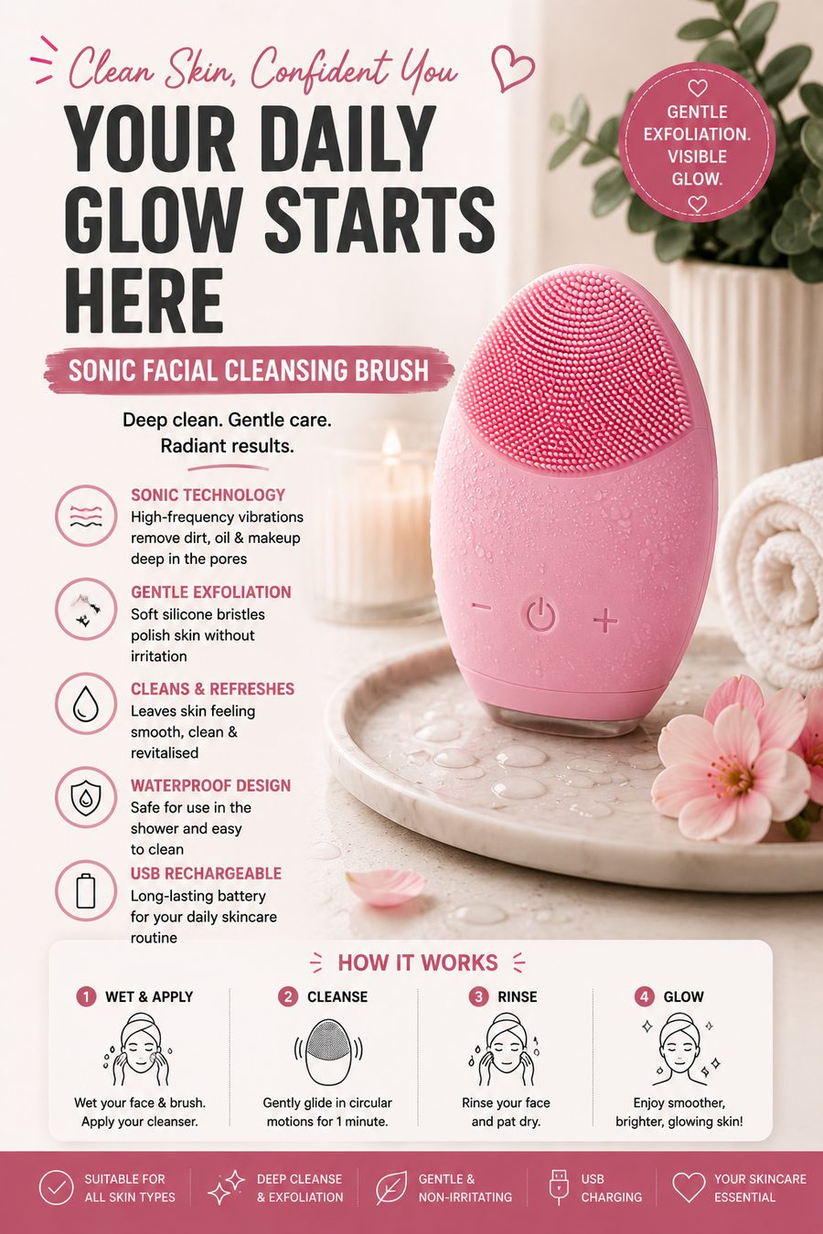 Pink silicone sonic facial cleansing brush displayed in a calming spa-inspired bathroom with soft towels and flowers.