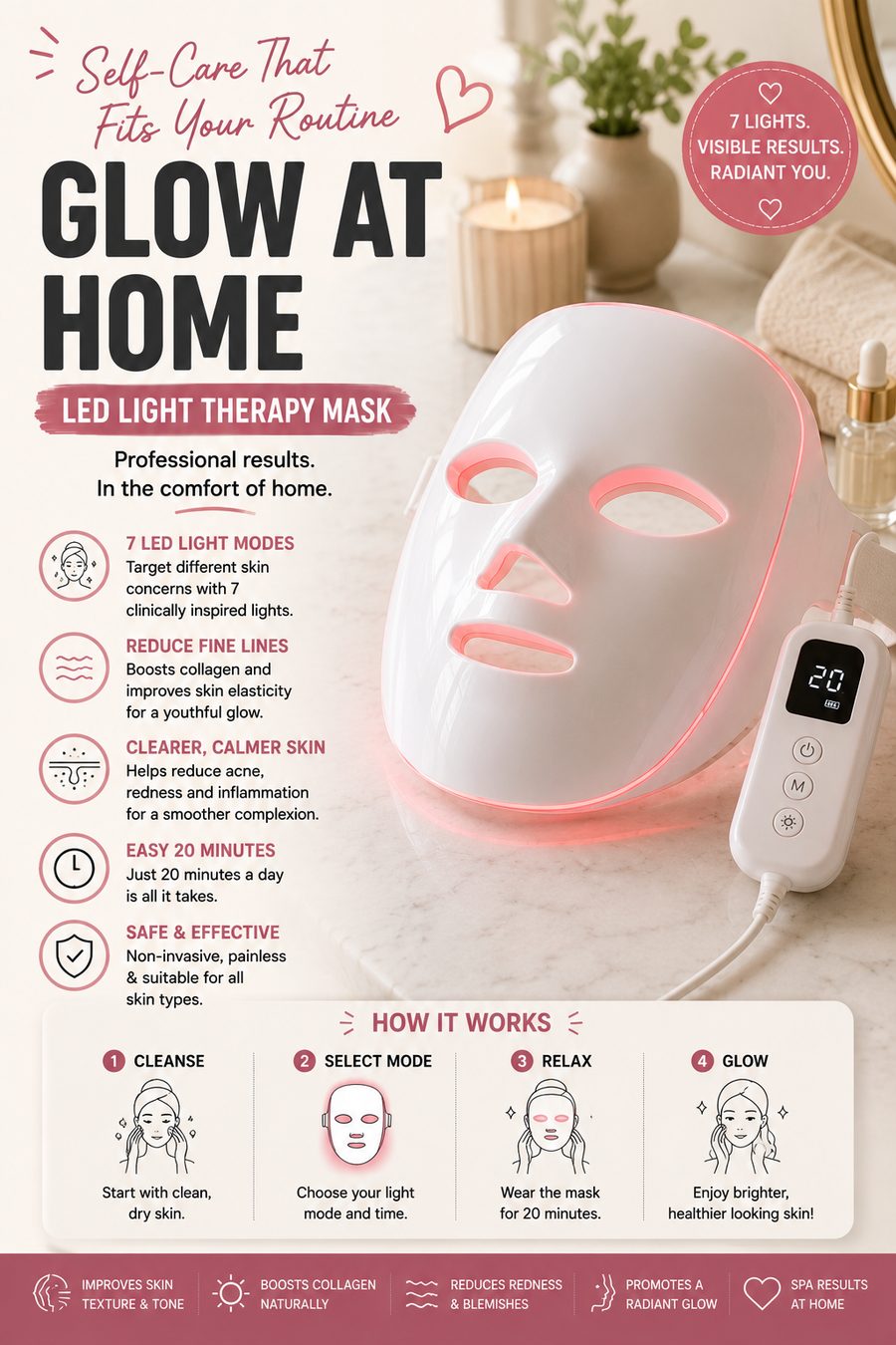 Modern LED light therapy face mask glowing softly on a bathroom vanity with skincare products and candles.