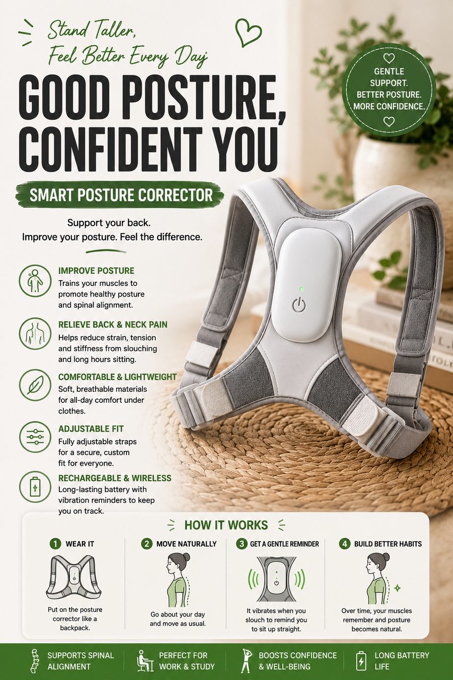 Smart wearable posture corrector displayed on a table in a bright modern home with wellness styling.