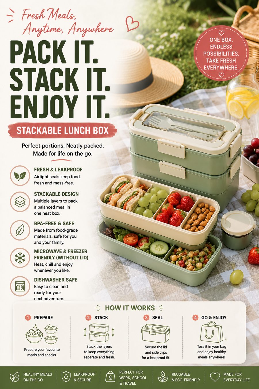 Reusable stackable bento lunch box filled with sandwiches, fruit and healthy snacks on a picnic blanket in a sunny park.
