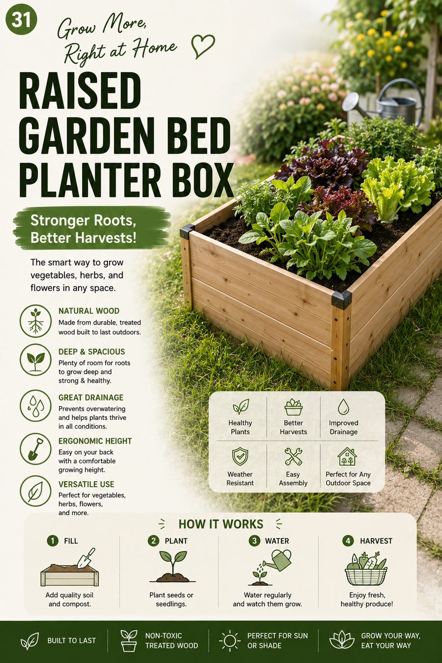 Wooden raised garden bed planter box filled with healthy lettuce and herb plants in a sunny garden.