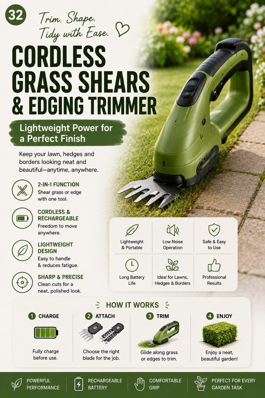 Green cordless grass shears and edging trimmer resting on a neatly trimmed garden lawn.
