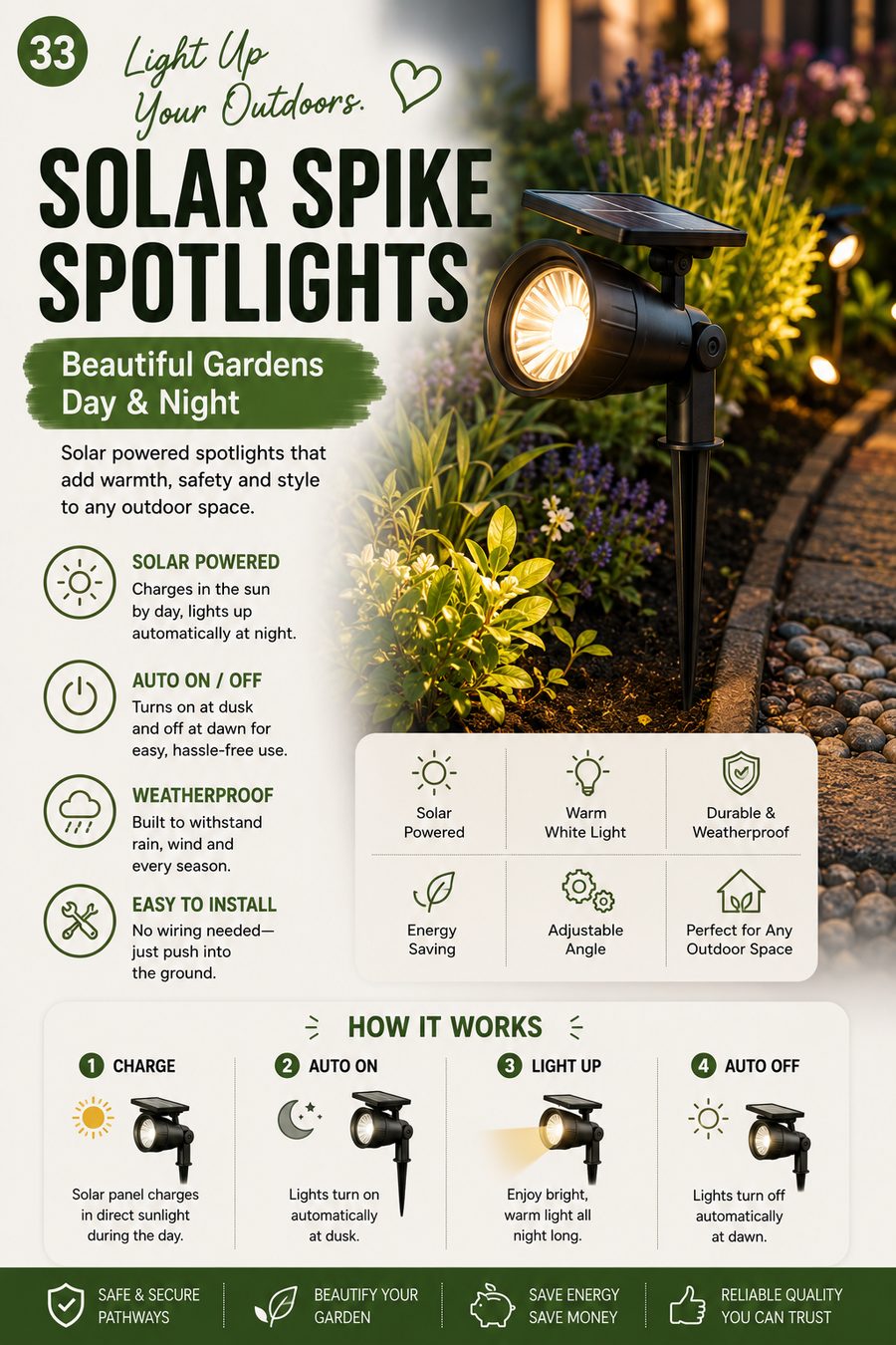 Solar spike spotlight illuminating a garden pathway with warm light among flowering plants at dusk.