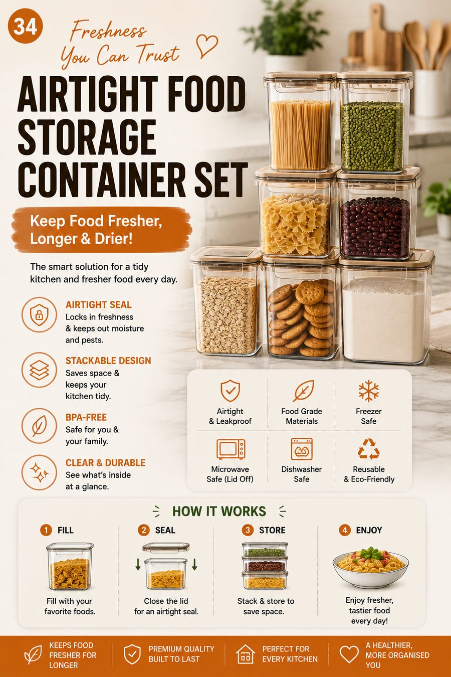 Clear airtight food storage containers filled with pasta, oats and snacks stacked neatly in a kitchen.