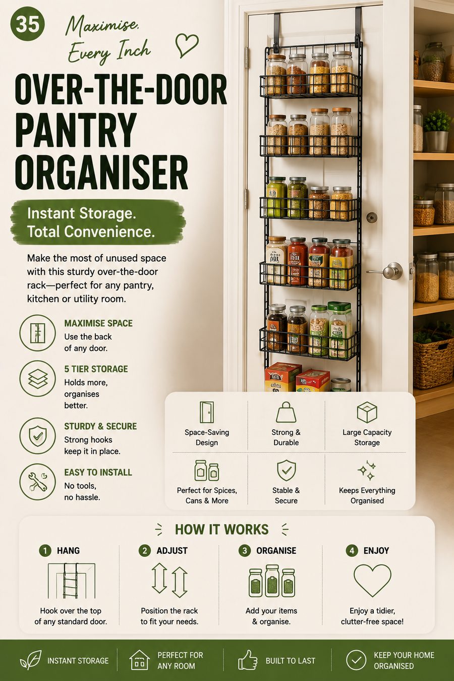 Over-the-door pantry organiser rack holding jars, spices and tinned food inside a kitchen pantry.