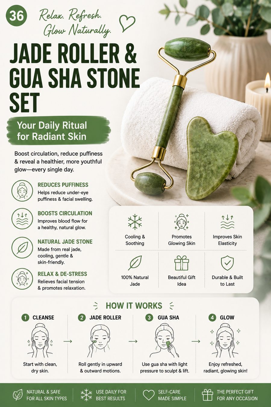 Green jade roller and heart-shaped gua sha stone resting on a white towel with a candle and greenery.