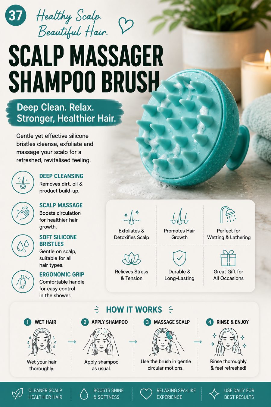 Teal silicone scalp massager shampoo brush held in hand in a bright bathroom setting.