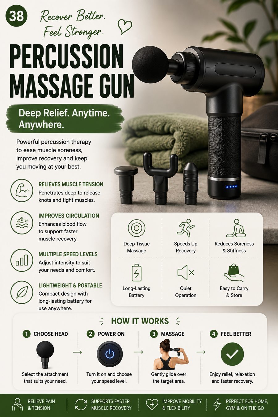 Black percussion massage gun with attachment heads resting beside rolled towels for muscle recovery.