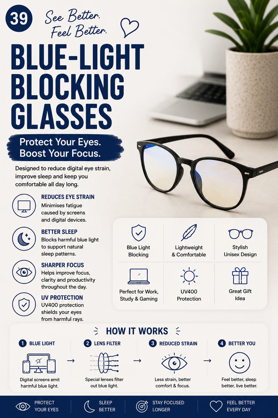 Black-framed blue-light-blocking glasses resting on a desk beside a laptop and houseplant.