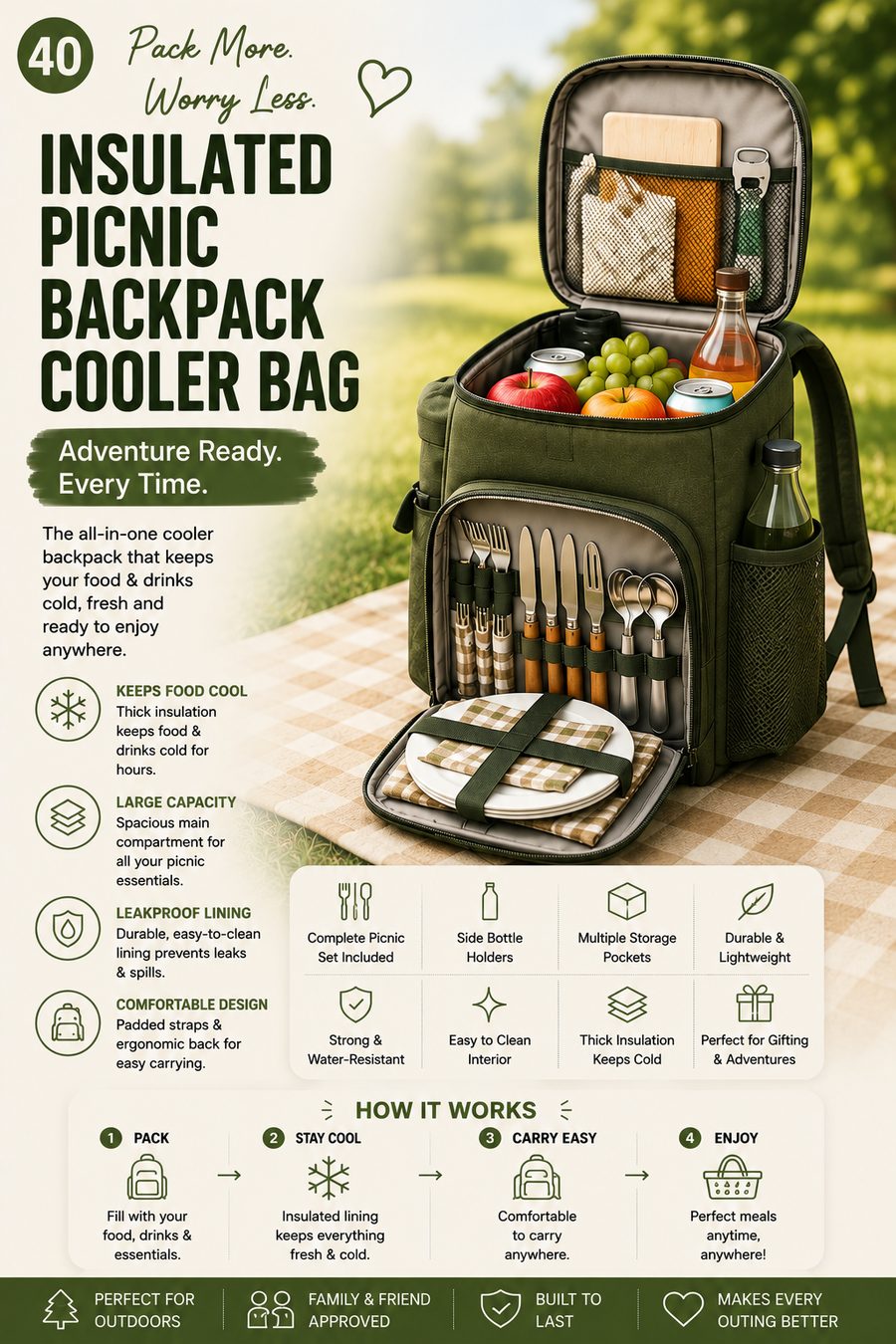 Green insulated picnic backpack cooler bag open to reveal plates, cutlery and fresh food on a checkered blanket.