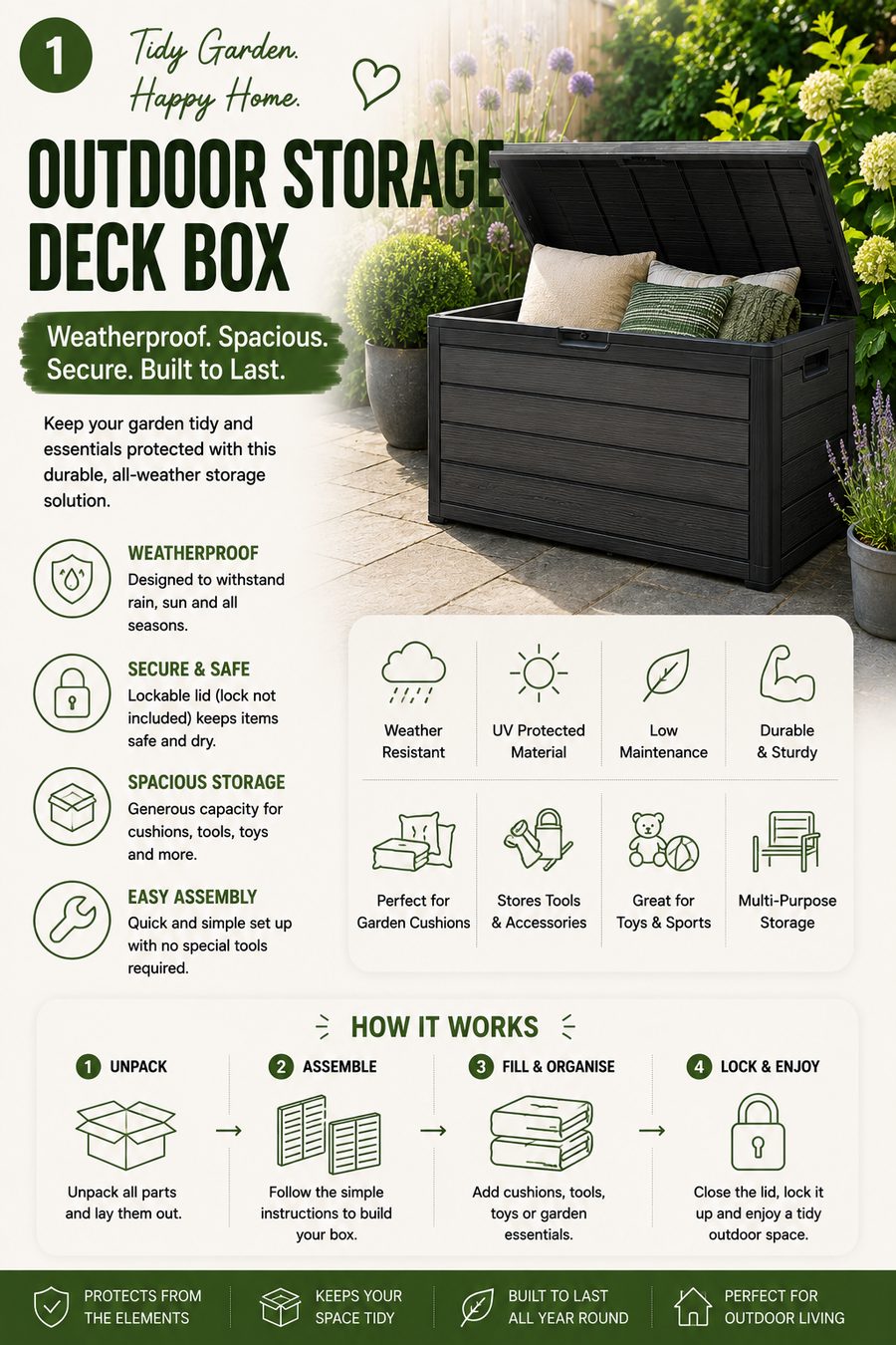 Large weatherproof outdoor storage deck box on a modern UK patio storing garden cushions and outdoor accessories.