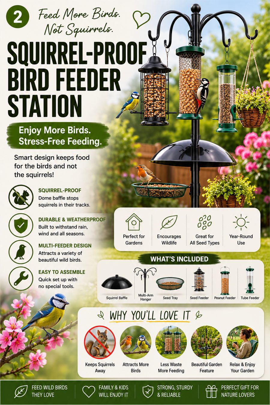 Squirrel-proof bird feeder station with multiple feeders attracting colourful garden birds in a sunny English garden.