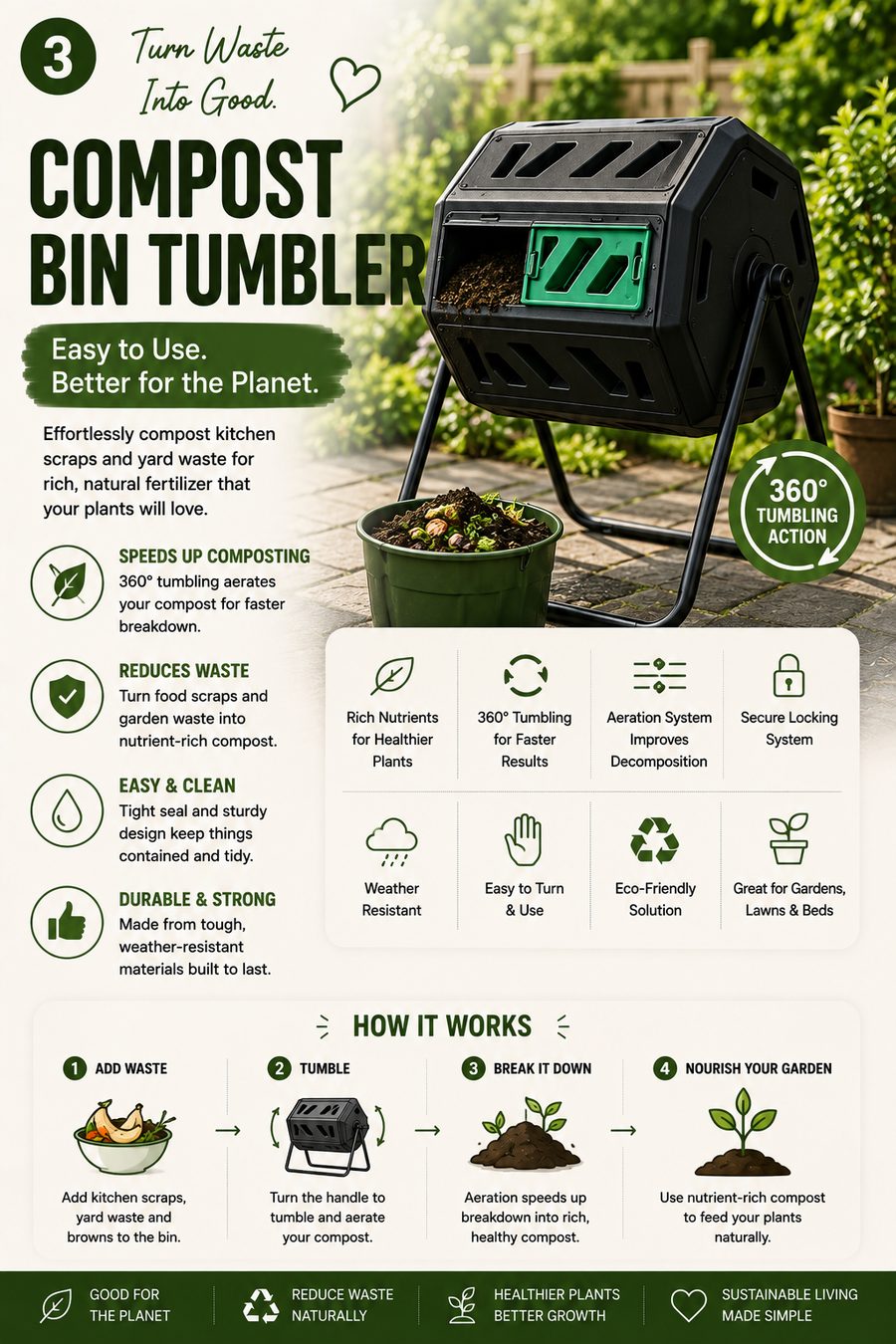 Black compost bin tumbler standing in a garden beside fresh compost ready for flower beds and vegetable gardens.