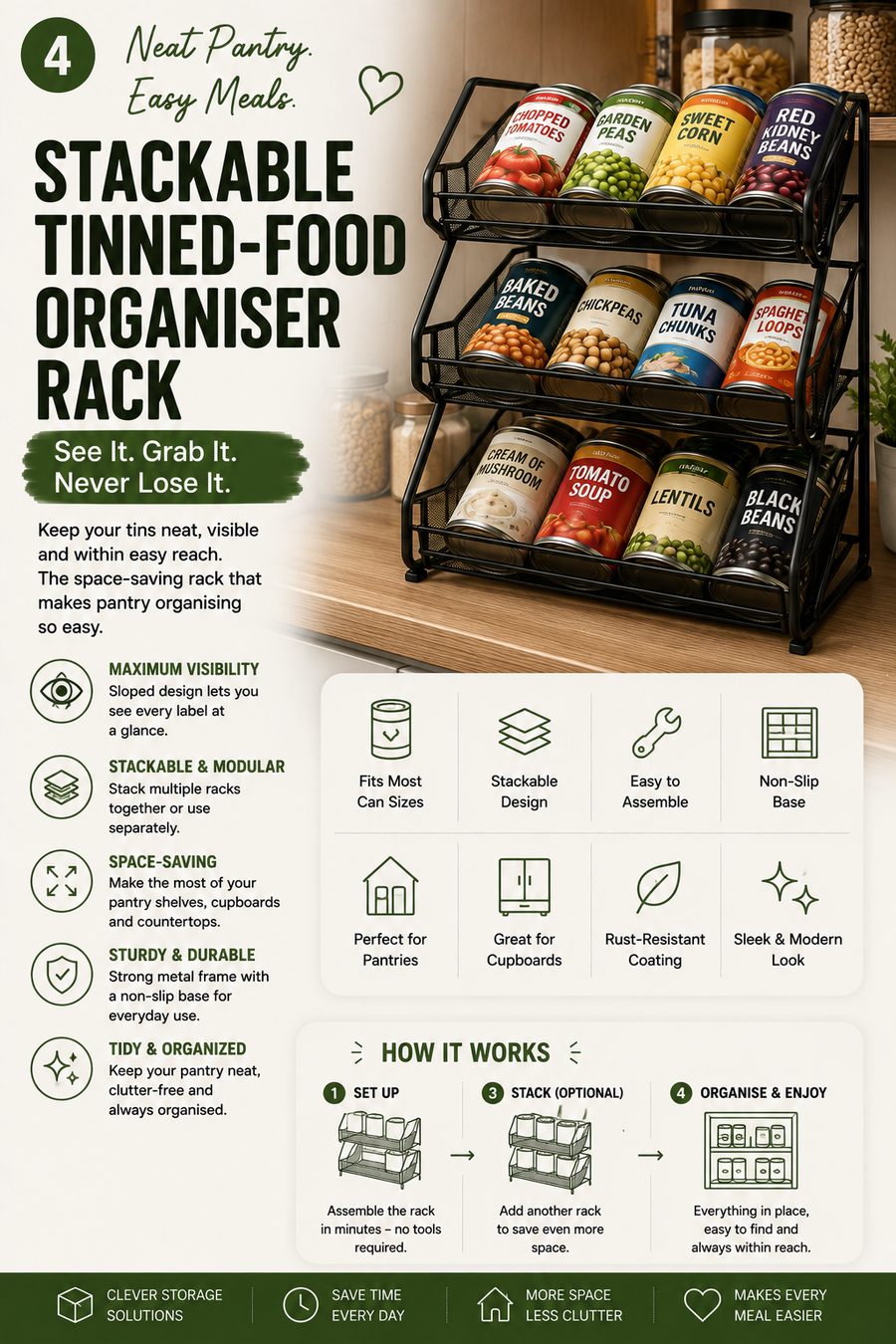 Stackable kitchen organiser neatly storing canned food inside a modern pantry cupboard.