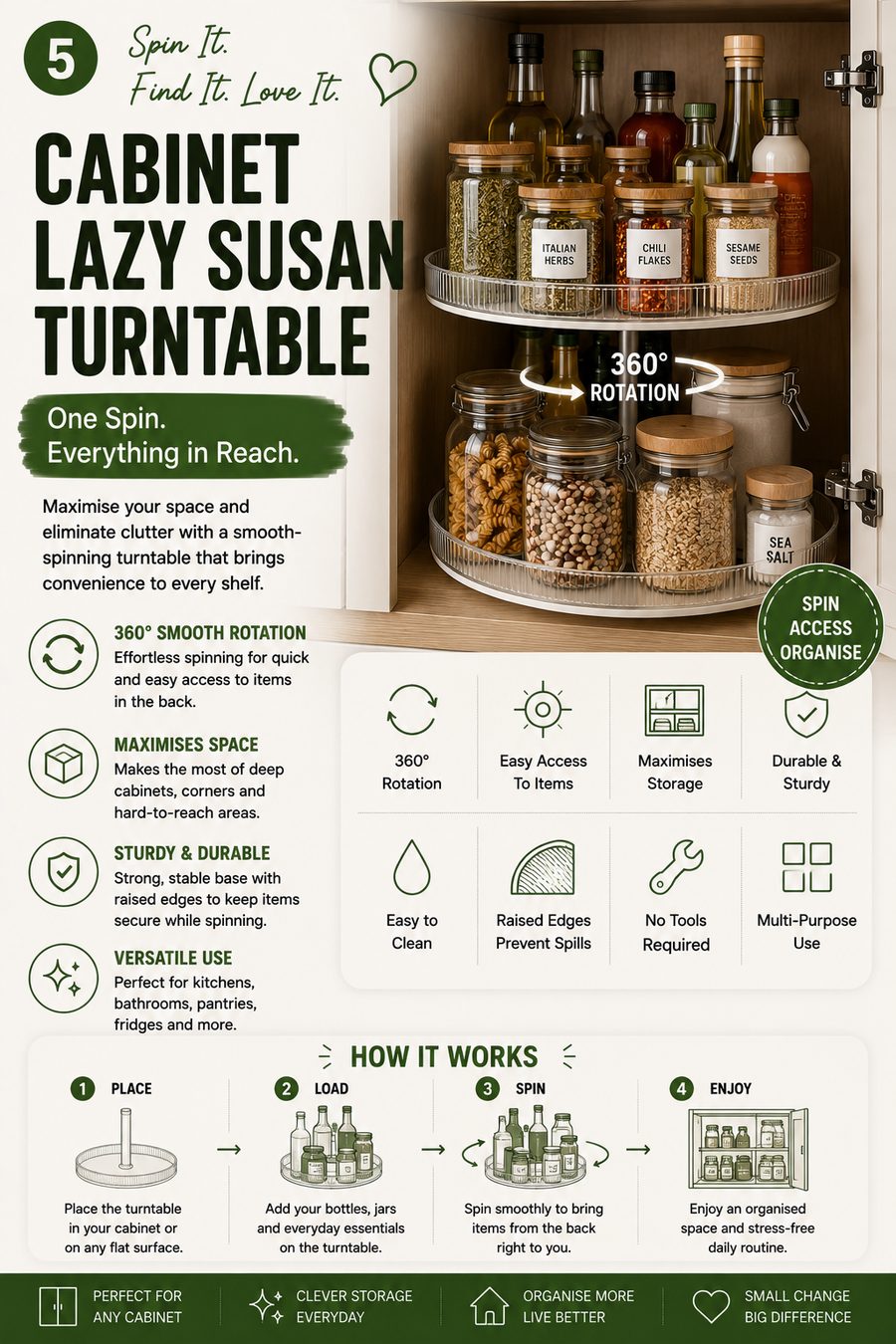 Clear rotating Lazy Susan turntable organising jars and bottles inside a wooden kitchen cupboard.