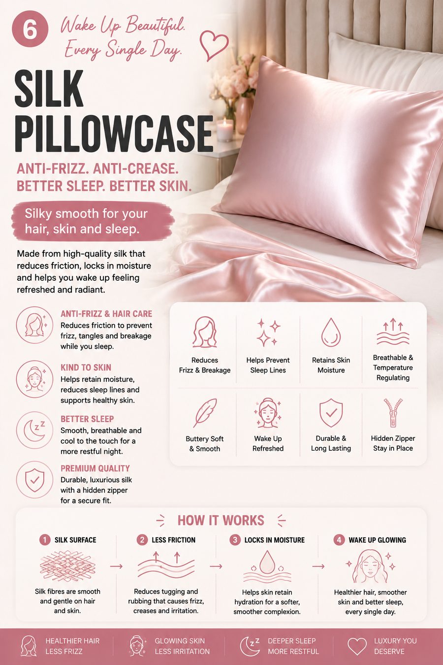 Soft blush pink silk pillowcase styled on a luxury bed with elegant bedroom décor.
