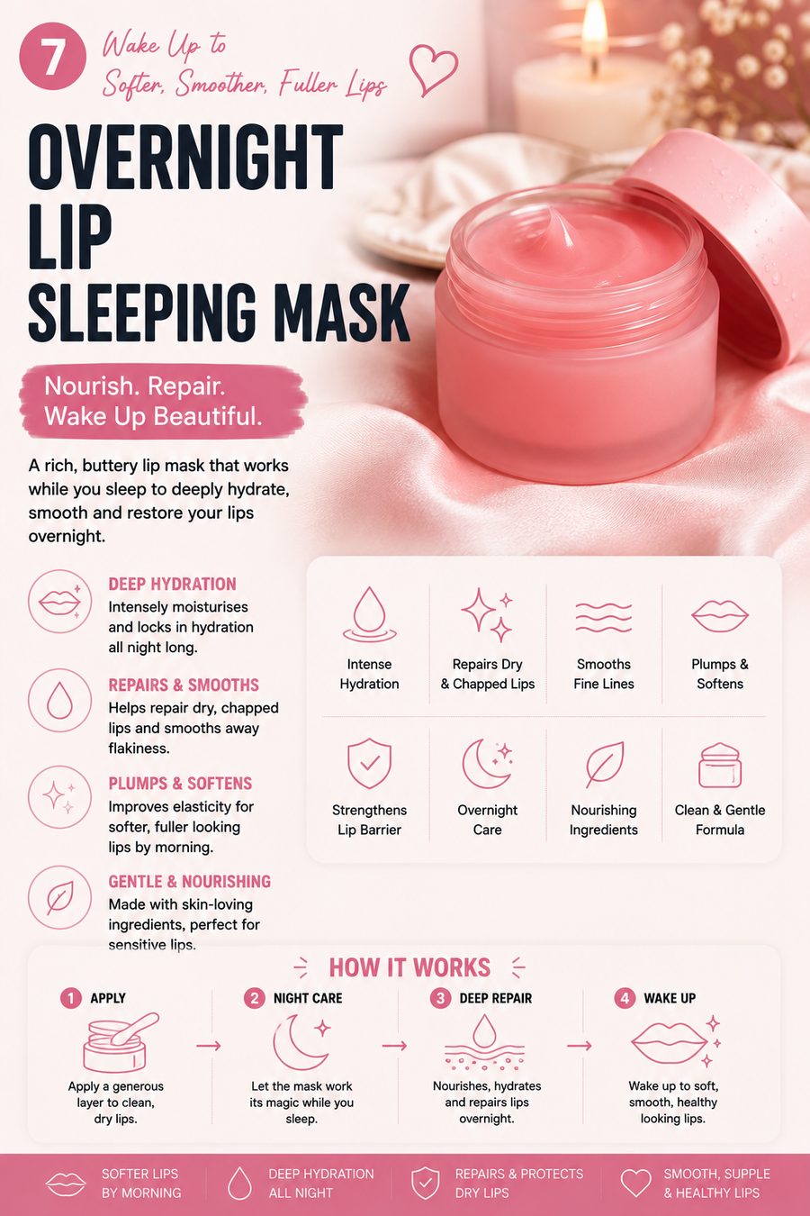 Pink overnight lip sleeping mask jar on satin fabric with a calming nighttime skincare aesthetic.
