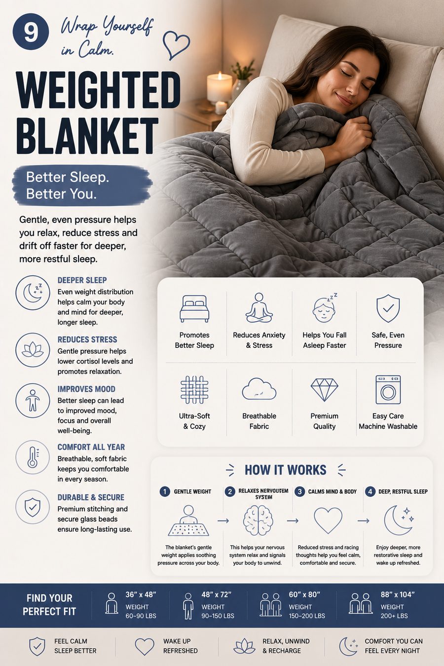 Person relaxing under a soft grey weighted blanket in a peaceful modern bedroom.