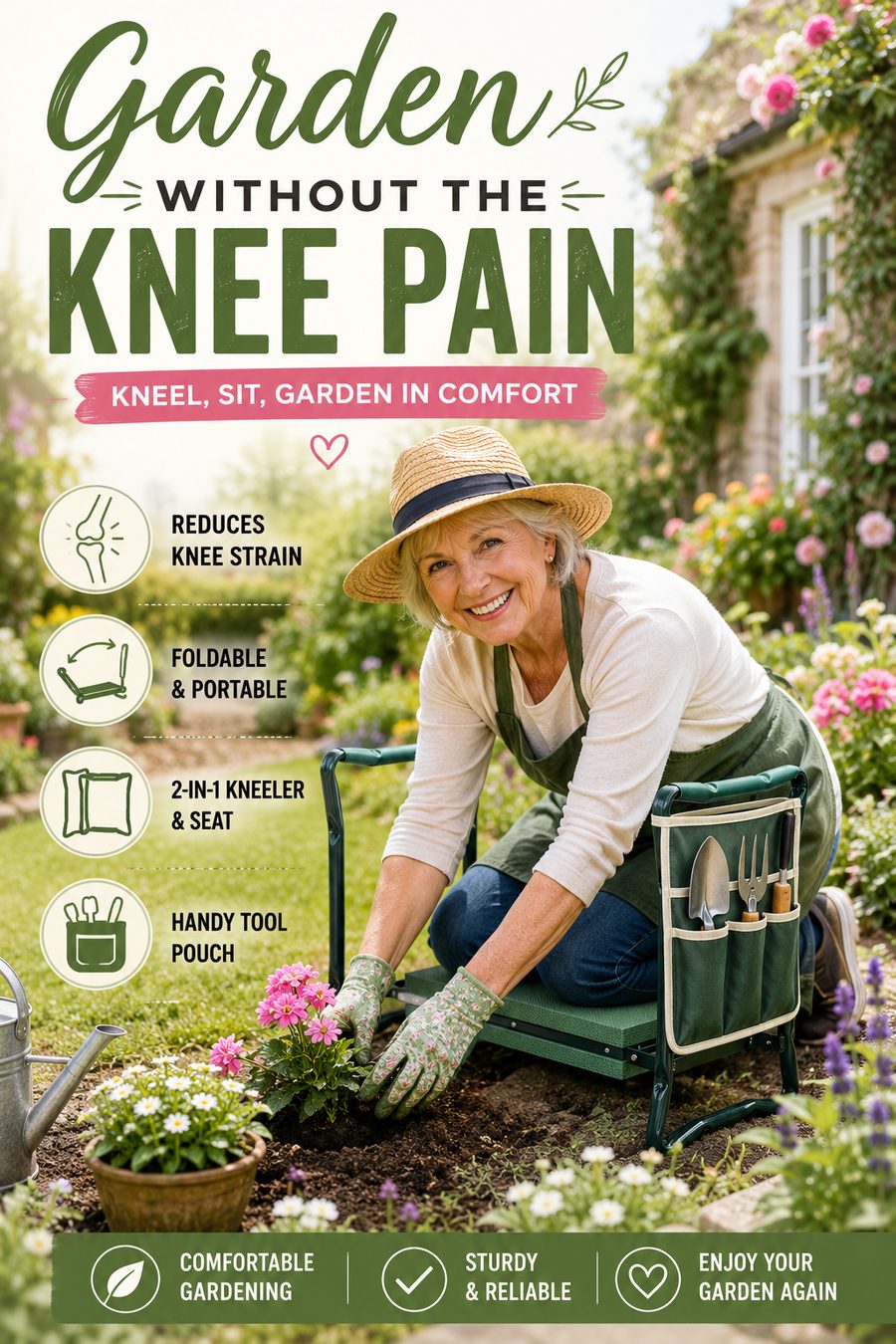 Older gardener happily planting flowers using a foldable garden kneeler and seat with a tool pouch in a beautiful English garden.