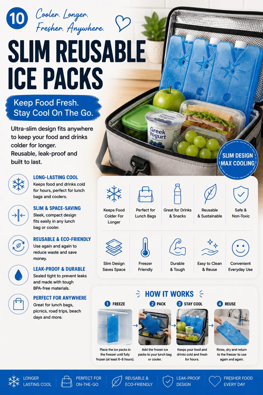 Slim reusable blue ice packs inside an insulated cooler bag with sandwiches, fruit and drinks ready for a picnic.