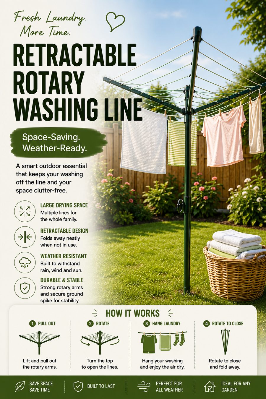 Retractable rotary washing line with freshly washed clothes drying in a sunny UK garden beside a laundry basket.