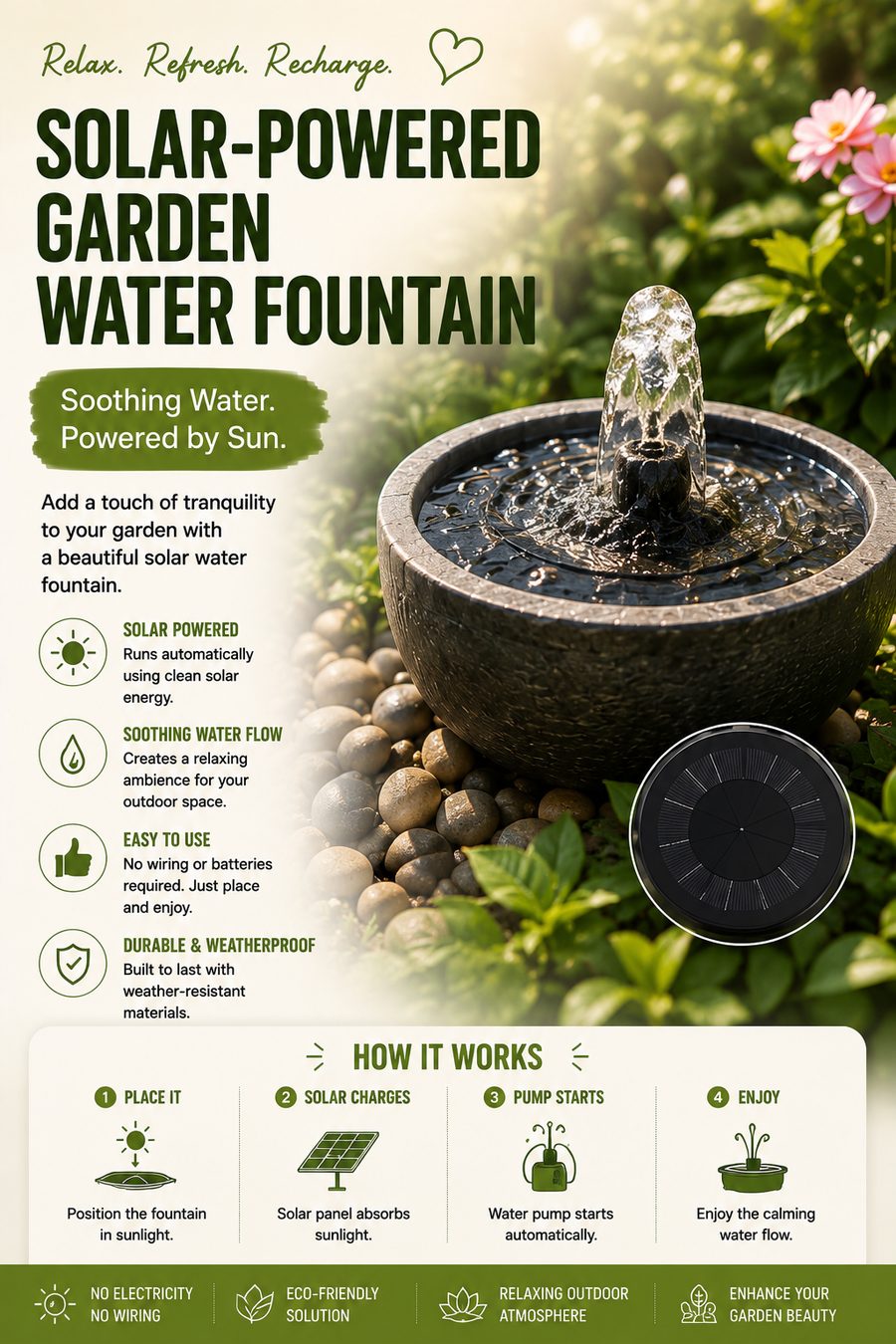 Solar-powered garden water fountain surrounded by flowers and greenery in a peaceful English garden.