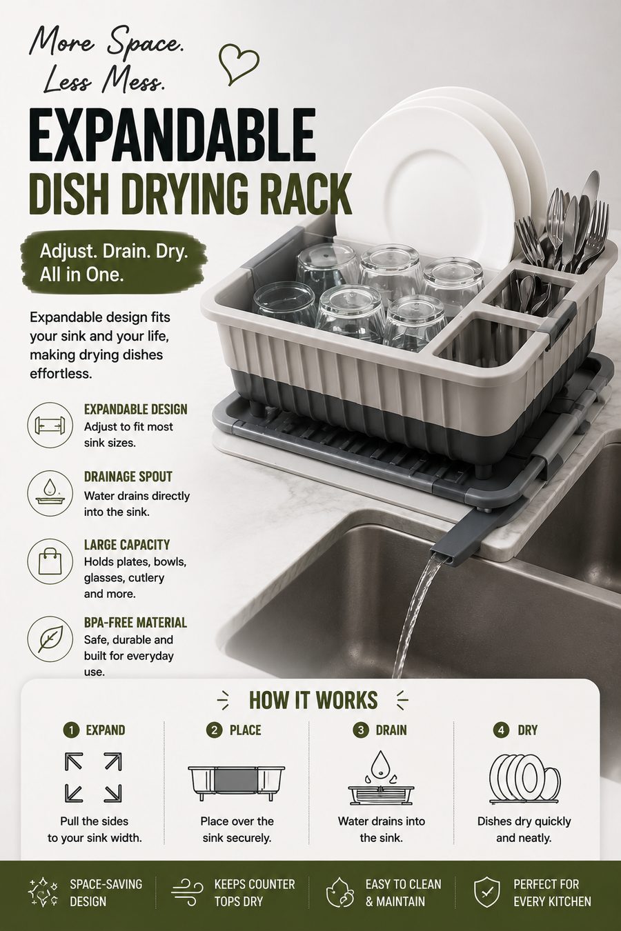 Expandable dish drying rack holding plates, glasses and cutlery over a modern kitchen sink with drainage spout.