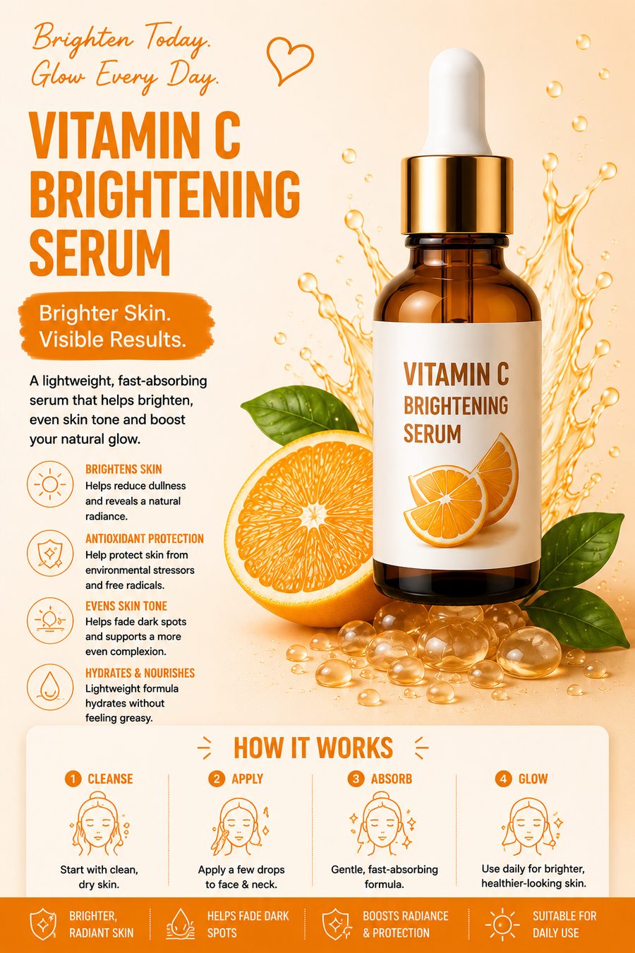 Amber glass bottle of Vitamin C brightening serum with fresh orange slices and glowing skincare styling.