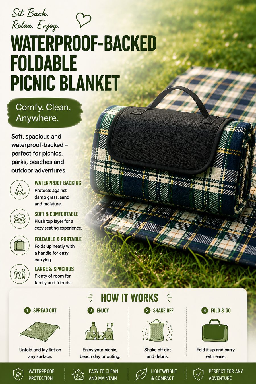 Foldable waterproof-backed picnic blanket neatly rolled with carry handle on grass beside an outdoor picnic setting.