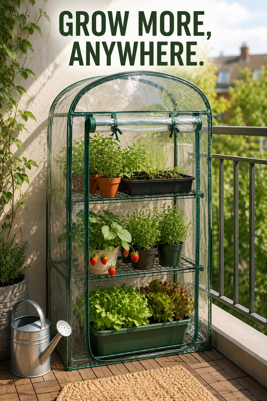 Compact pop-up mini greenhouse filled with herbs, lettuce and strawberries on a sunny apartment balcony with a modern outdoor setting.