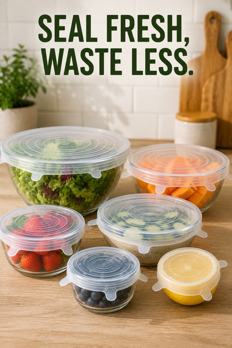 Reusable silicone stretch lids covering glass bowls of fresh fruit and vegetables on a bright modern kitchen worktop.