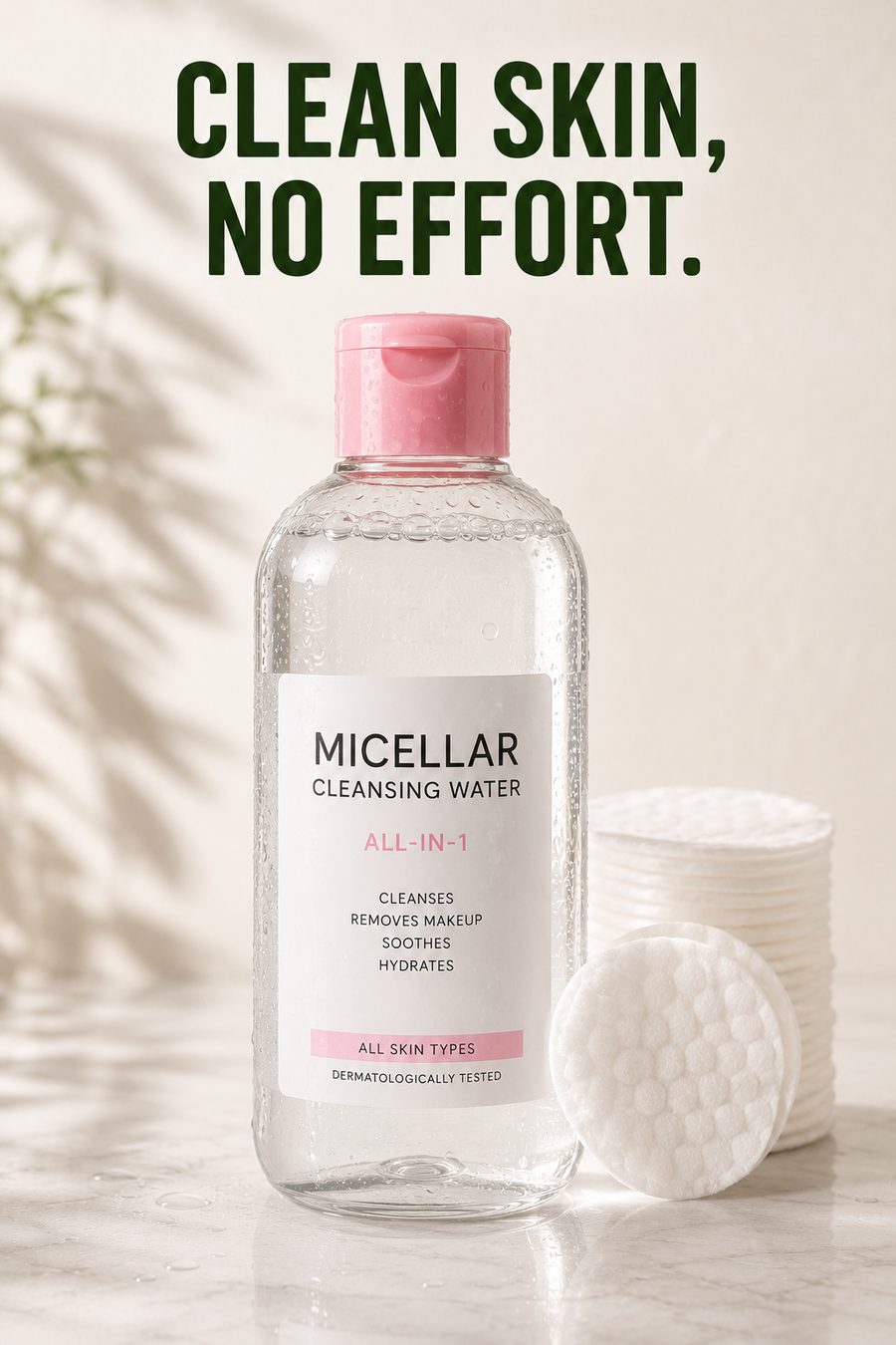 Bottle of micellar cleansing water beside soft cotton pads on a bright bathroom vanity with a clean minimalist beauty aesthetic.